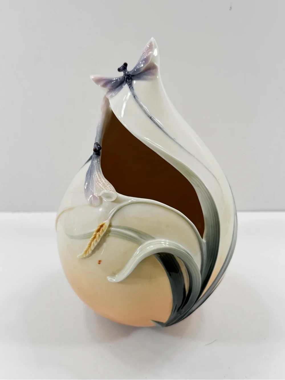 Franz Dragonfly Floral Hand Painted 3D Vase Porcelain Artist Signed 10” Vintage